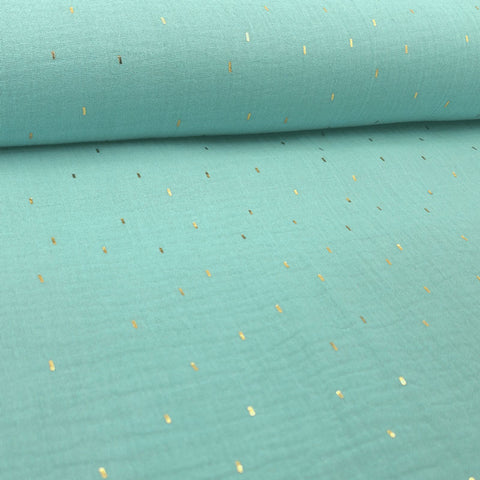 Musselin Double Gauze Goldsprenkel auf hellem Cyan 018