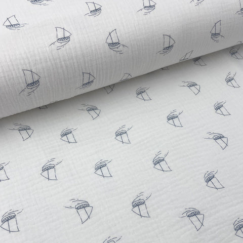 Musselin Double Gauze Sailing Boats White
