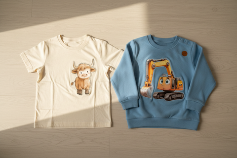Mehrere Kinderkleider mit aufgebügelten Motiven auf hellem Untergrund