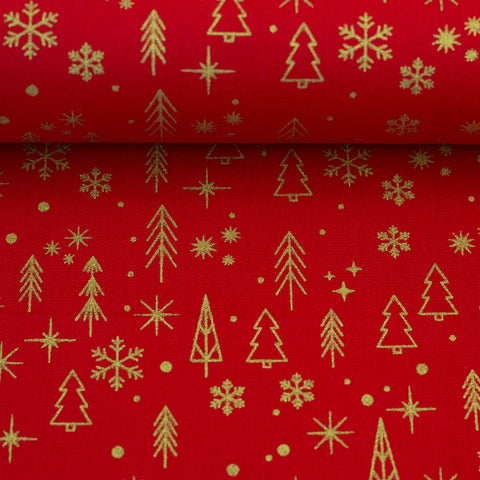 Baumwollstoff Weihnachten Gold auf Rot 400638