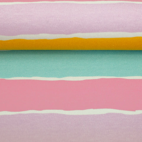 Jerseystoff Stripes Rosa, Hellblau, Ocker