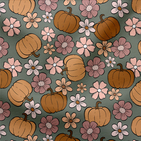 French Terry Pumpkin Flowers Green (Bio) VORBESTELLUNG