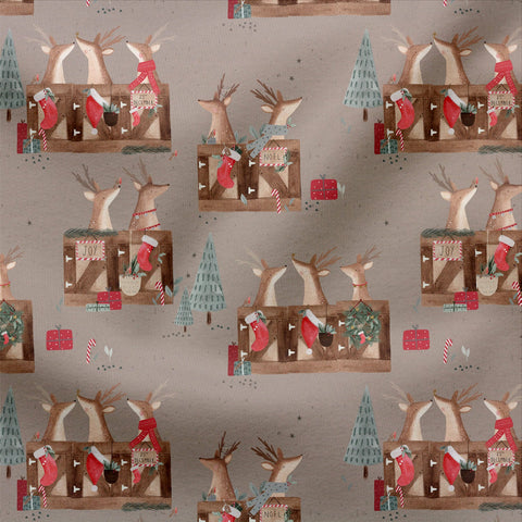 French Terry Digitaldruck Reeindeer´s in a Box Coffee