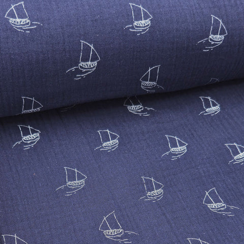 Musselin Double Gauze Sailing Boats Blue