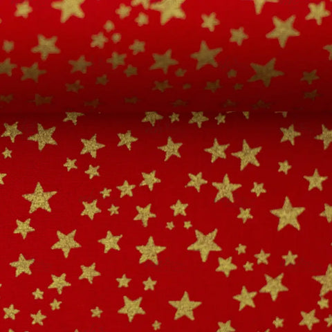 Baumwollstoff Sternchen Gold auf Rot 200638