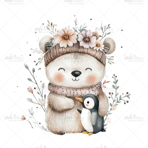 Bügelbild Flower Bear and Baby Pinguin Medium