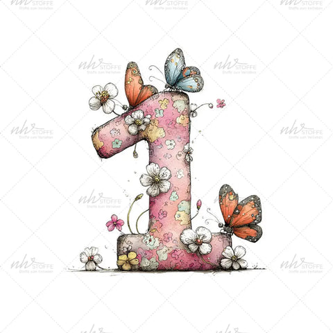 Bügelbild Zahl 1 Schmetterlingswiese Medium