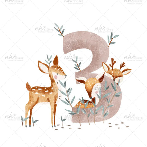 Bügelbild Zahl 3 Rehe Medium
