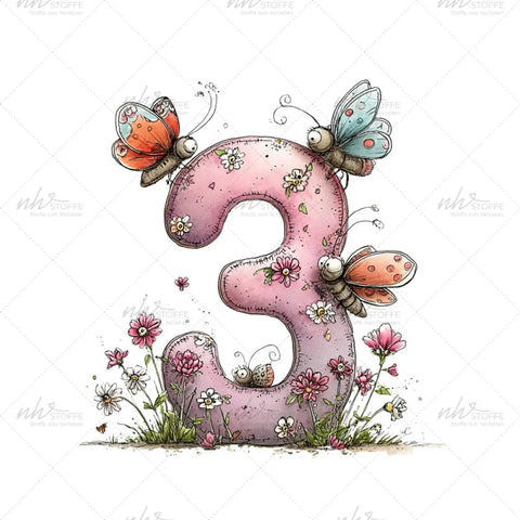 Bügelbild Zahl 3 Schmetterlingswiese Medium