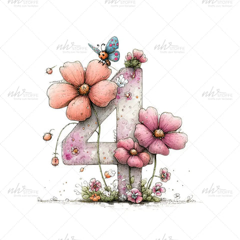 Bügelbild Zahl 4 Schmetterlingswiese Medium