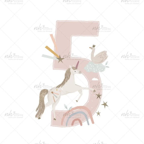 Bügelbild Zahl 5 Einhorn Medium