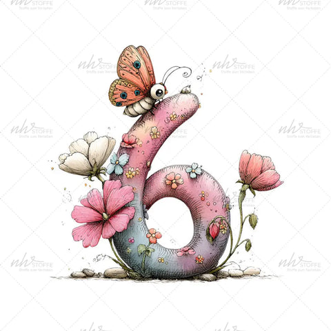 Bügelbild Zahl 6 Schmetterlingswiese Medium