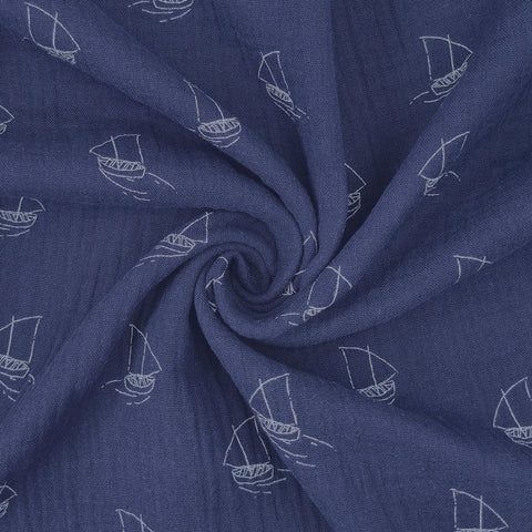 Musselin Double Gauze Sailing Boats Blue