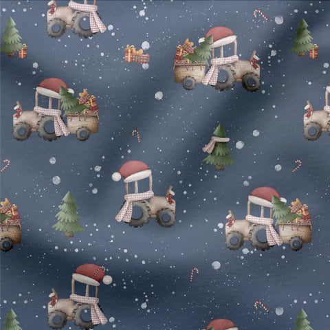 French Terry Weihnachtstraktor Blau